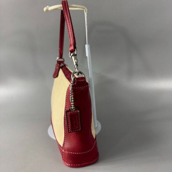 Vintage Coach # 6115 Red Leather Beige Canvas Small Hand Bag/Wristlet - Picture 4 of 13